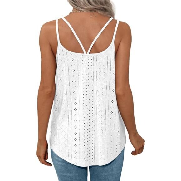 Women's Spaghetti Strap Camisole Tank Top Eyelet Embroidery Scoop Neck - Picture 2 of 6
